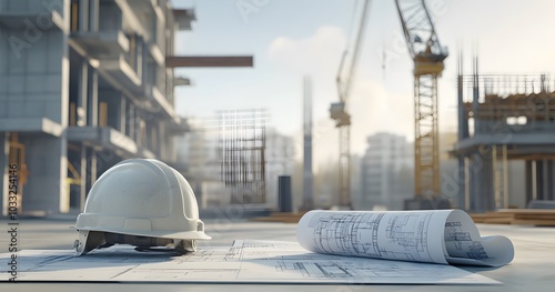 Construction site with building, cranes and equipment on light background. A helmet is placed next to it. 