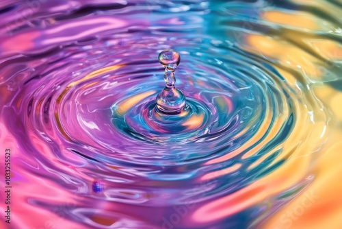 A single water droplet creates colorful ripples in still water.