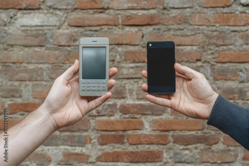 Two hands hold up phones, one modern and one vintage.