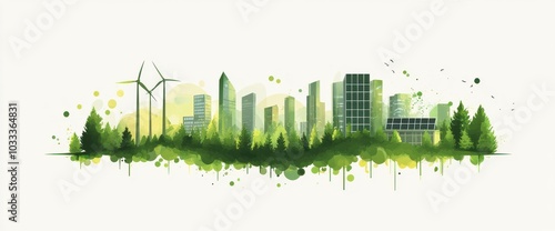 Flat illustration depicting modern city embracing green energy with wind turbines and solar panels amidst nature