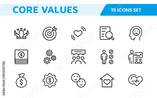 Core Values outline icons set. Core, values, business, leadership, goals, target, client, quality, success, responsibility and quality.