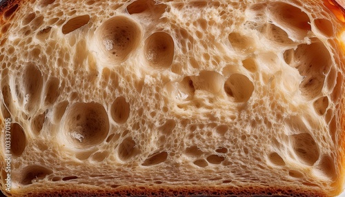 Ultra Close Macro Shot of Artisan Sourdough Bread Crumb with Open Crumb Structure, Golden Brown Crust, and Airy Pockets, Perfect for Culinary Textures, Baking Art, and Food Science Concepts