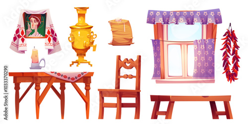 Old Russian kitchen furniture set isolated on white background. Vector cartoon illustration of carved wooden table, chair and bench, curtains on window, samovar and pancakes on plate, candle and icon