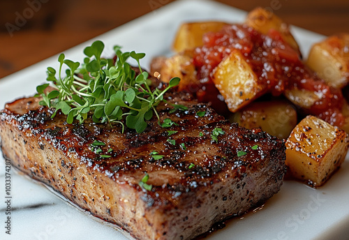 Pork steak served on a marble slab with microgreens, roasted fingerling potatoes, and a tangy apple chutney, with an elegant and modern plating style.