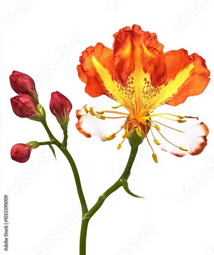 Poinciana regia or Delonix regia flowers isolated and cut out, transparent background. Other names: royal poinciana, flamboyant, acacia rubra, phoenix flower, flame of the forest, flame tree