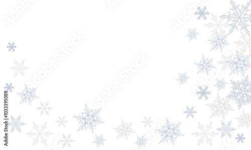 Abstract Christmas border with blue and silver snowflakes and copy space for text. Winter snow. Overlay, banner, cover. vector hand drawn isolated on transparent background. 