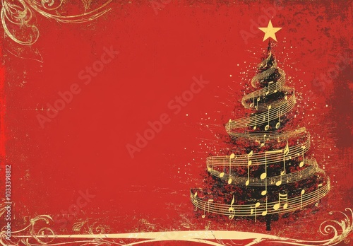 Elegant Christmas tree with musical notes on red background evoking holiday cheer and festive spirit