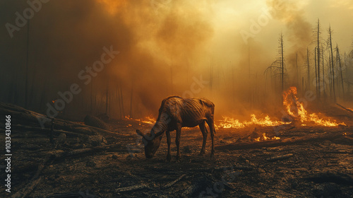 forest fires and a starving animal, animal extinction