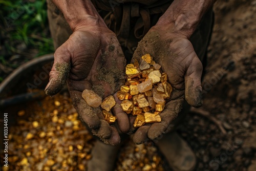 Gold nuggets the hands of the miner. The working hands of a peasant with pure gold. top view