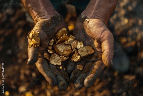 Gold nuggets the hands of the miner. The working hands of a peasant with pure gold. top view