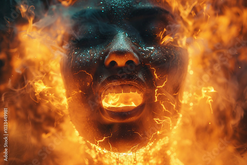 Image of female face burning in fire human emotion concept