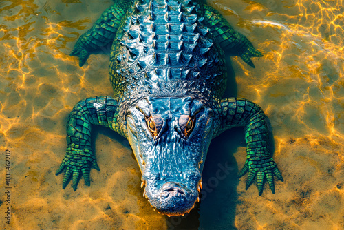 Aerial view of a large crocodile resting in shallow water under bright sunlight in a natural habitat