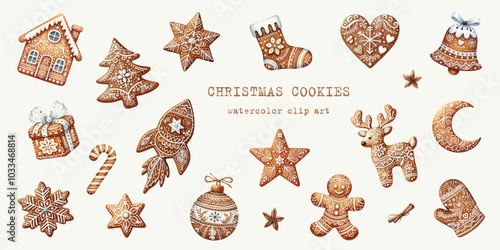 Christmas Gingerbread Cookie. Set of winter sweet homemade biscuits in the form of different characters and holiday items isolated on white background.