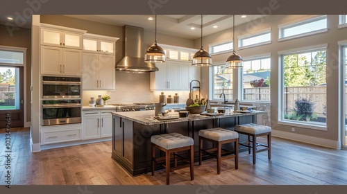 Modern Kitchen with Large Windows and Island