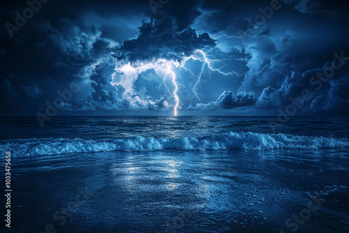 Lightning illuminates a stormy ocean during the night