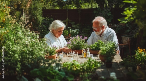 Senior couple meeting homeopath with herbal remedies and tinctures in background