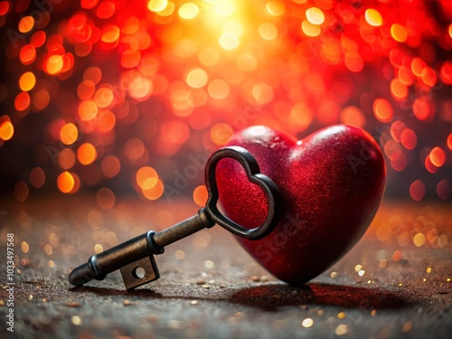 A Black Key on a Red Heart Symbolizing Love and Secrets, Conceptual Photography of Heartfelt Connection, Unlocking Emotions, Romantic Symbolism, Heartfelt Moments