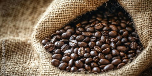 Horizontal image of coffee beans poured out of a burlap bag.