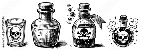 black vector illustration of poison bottle with crossbones line art