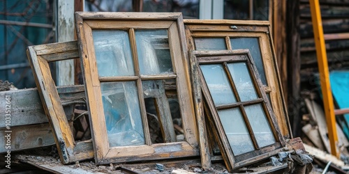 Old wooden windows discarded in the landfill. The renovation process involves removing the windows.