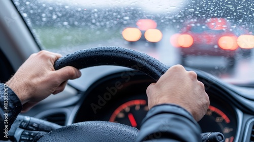 A driver navigating through traffic on a rainy highway, holding the steering wheel tightly.