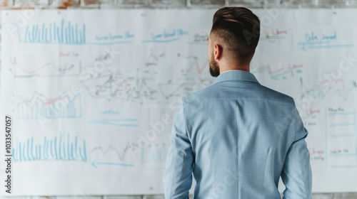 Business professional analyzing data on a whiteboard with charts and graphs, wearing a blue suit, focused on financial planning.