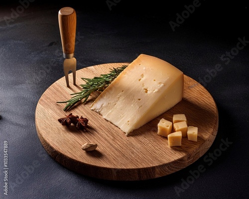 A wooden board holds a slice of cheese with holes and a knife, evoking rustic charm and gourmet sophistication. Ideal for culinary enthusiasts and gourmet food presentations.