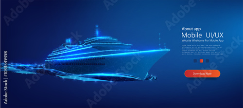 Futuristic digital ship rendered in a glowing blue wireframe style, navigating through digital waters. High-tech, polygonal maritime innovation, and virtual environments in transportation. Vector