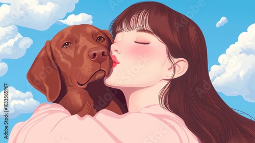 A cute and cozy moment where a woman holds her dog close and puckers her lips for a playful kiss.