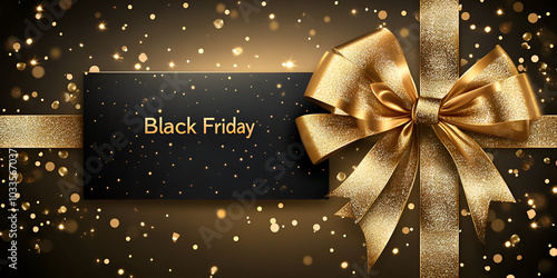 Black and gold background with a golden ribbon bow on the right side, text "Black Friday" in the center of the banner, shiny lights with golden light. 