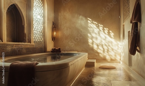 Ornate Moroccan bathroom with a stone bathtub.