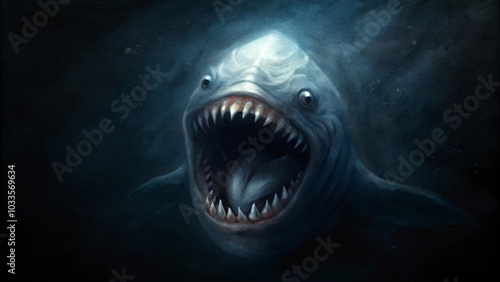 Creepy shark monster with wide open mouth and sharp teeth, smiling playfully in the blue sea