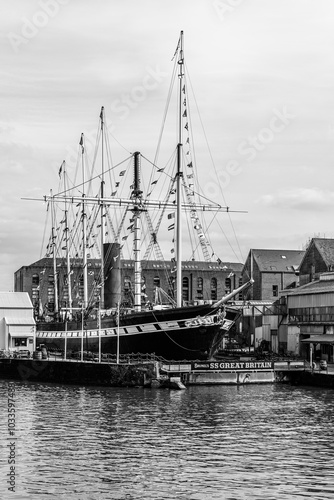 Bristol, England, UK: Brunel's SS Great Britain ship on the shores of river Avon; museum ship, former passenger steamship designed by Isambard Kingdom Brunel (1806–1859) in black and white