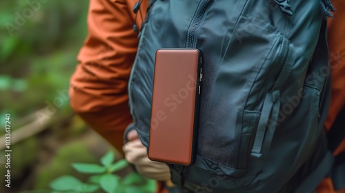 Slim, lightweight power bank fitting into a backpack pocket, showing its portability