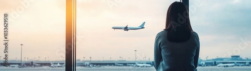 A traveler gazes out the airport window, watching a plane take off against a breathtaking sunset, capturing the essence of adventure.