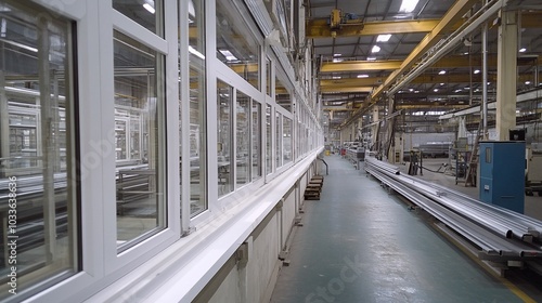 A long row of windows on an assembly line in a factory.