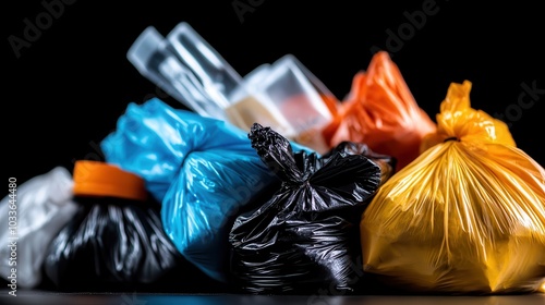 A collection of colorful trash bags against a dark background symbolizes waste management, environmental awareness, and the challenges of modern consumerism.