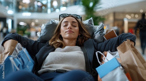 A woman relaxes contentedly in a chair amidst shopping bags in a cozy mall environment, reflecting the blissful fulfillment and reward of a shopping adventure.