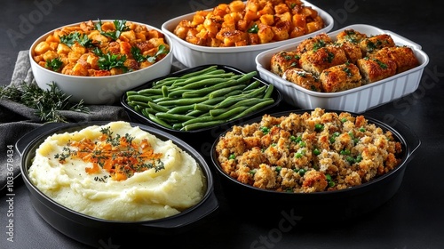 Delicious homemade side dishes served in bowls on a dark table.