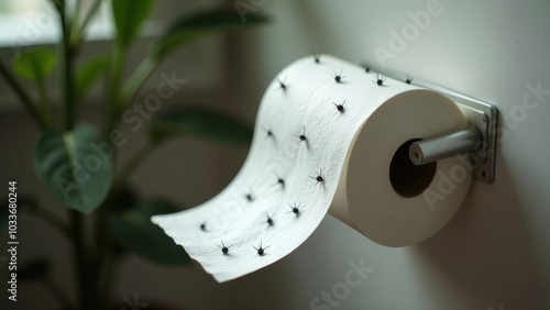 A roll of toilet paper covered with spikes rests. Creative display with a question about hemorrhoids