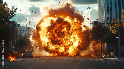 Massive fireball erupts in urban street, engulfing the scene in flames and debris. Intense explosion rocks city center, creating a dramatic and dangerous spectacle.