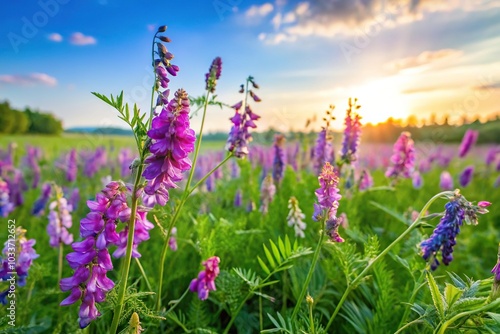 Vicia sativa or common vetch flowers on a summer meadow, wide-angle shot