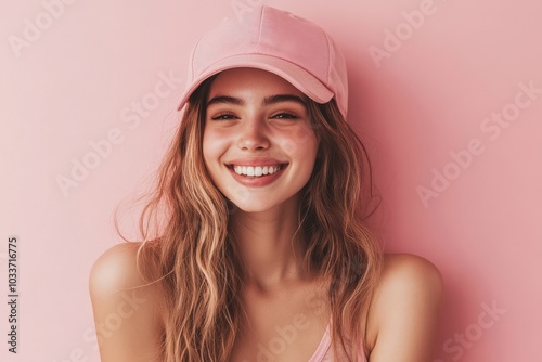 Smiling woman in a pink baseball cap against a pastel background