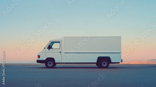 A white delivery truck parked on an empty road during sunset with clear blue sky