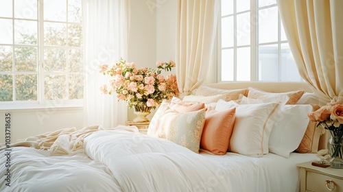 A cozy bedroom filled with layered bedding, floral decor, and soft morning light creating an inviting atmosphere for relaxation