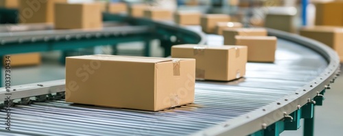 A conveyor belt transports cardboard boxes in a warehouse, illustrating modern logistics and package handling.