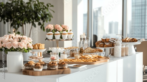 A beautifully arranged spread of pastries, drinks, and flowers on a white table. Perfect for a catered event or special occasion.