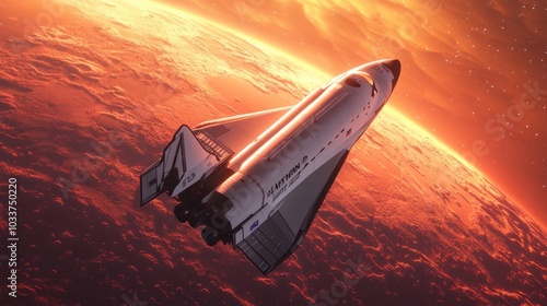 A futuristic space shuttle preparing for a journey to Mars with the planet's red surface glowing in the distance, space colonization, planetary exploration, commercial aerospace, interplanetary travel