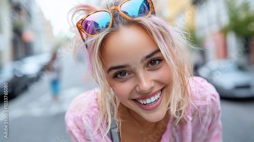 A casually dressed woman with an engaging smile and color-tinted glasses, captured candidly with a joyful expression against a lively urban street setting.