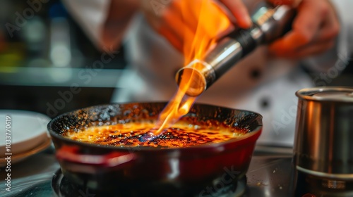 A chef torches a dessert with a blowtorch.